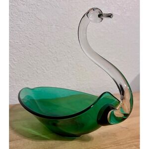 Vintage Duncan & Miller Emerald
Green Swan Dish w/Crystal Neck 11.25"x6.75"x8"